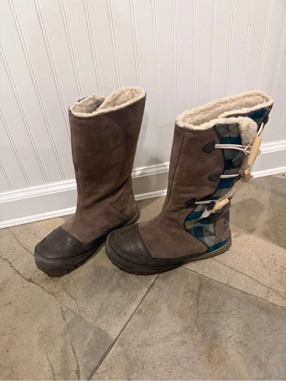 Sorel Women’s Brown Faux-Shearling Winter Boots with Blue Plaid Accent